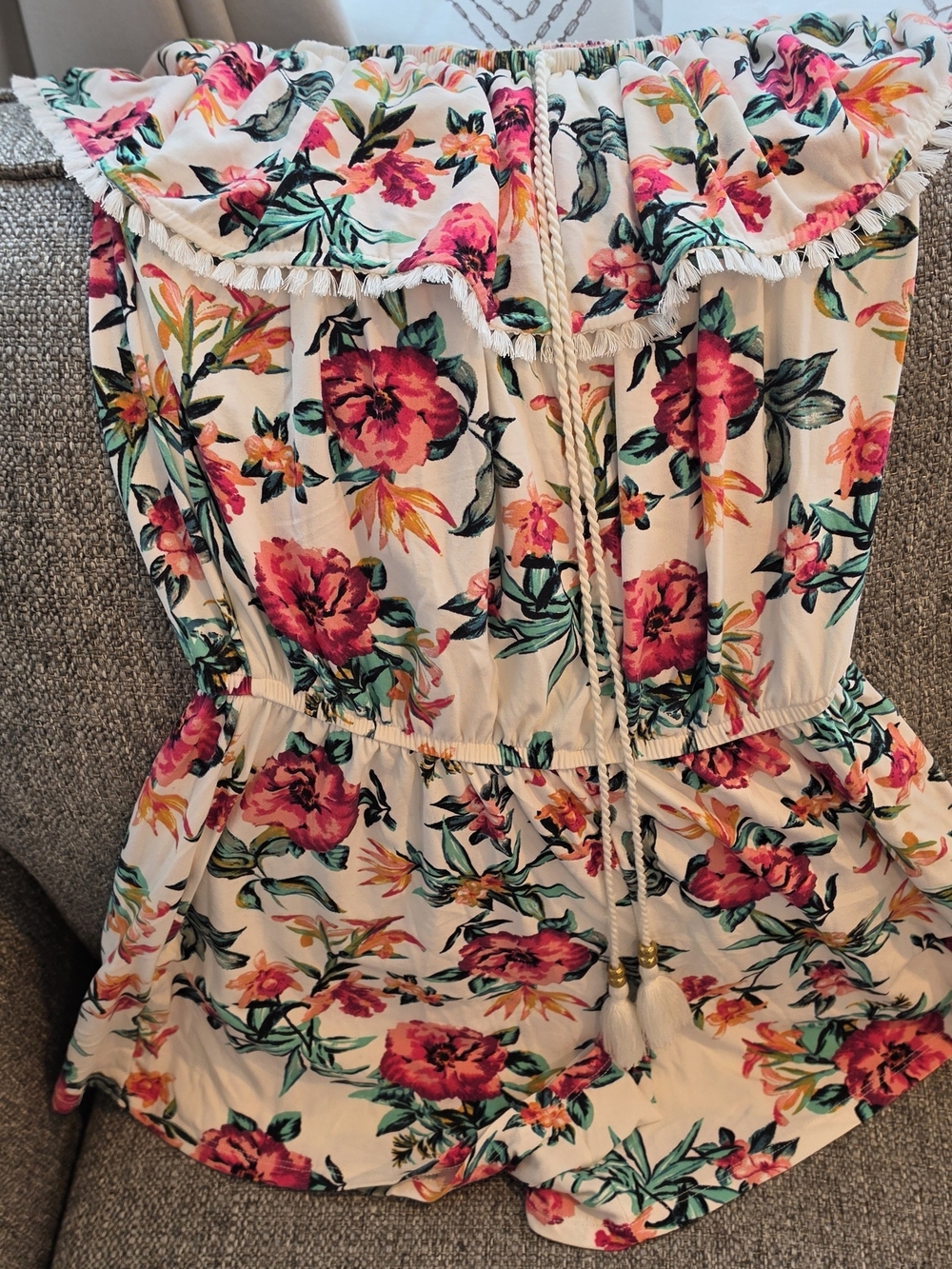 Derek Heart Cream Floral Off-Shoulder One-Piece Romper with Pink Flowers